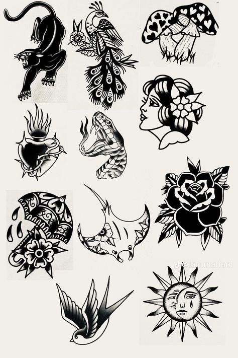 Tattoo Ideas Female Old School, Tattoo Types Of Styles, Traditional Tattoo Art Flash, Blackwork Tattoo Design Ideas, Flash Tattoo Blackwork, Trad Tattoo Flash, Traditional Patchwork Tattoo, Old School Flash Tattoo, Black Flash Tattoos