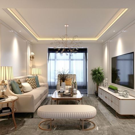 American Living Room Design, Simple Ceiling Design, Plafon Gypsum, Hall Interior Design, Ceiling Design Living Room, Hall Interior, Living Room Ceiling, Hall Design, Home Design Living Room