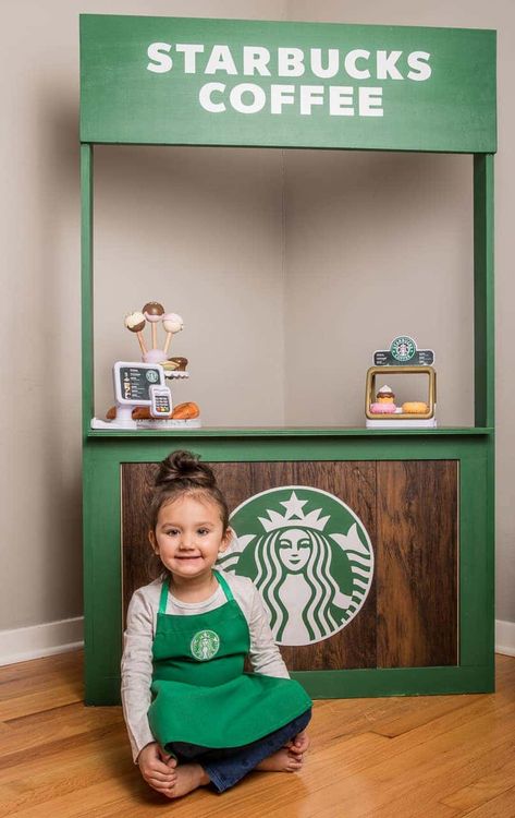 Mom Builds Mini Target and Starbucks In Her Daughter's Playroom Target And Starbucks, Pretend Grocery Store, Starbucks Apron, Café Starbucks, Cube Storage Unit, Dramatic Play Centers, Play Centre, Dramatic Play, Playroom Decor