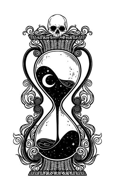 Hourglass Illustration Art, Time In A Bottle Tattoo, Hourglass Drawings, Art Sketches Tattoo Design, Skull Illustration Design, Hourglass Illustration, Hourglass Art, Hourglass Drawing, Hourglass Tattoos