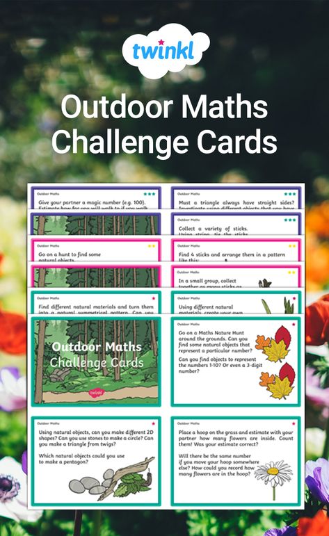 This resource is a printable set of different cards that challenge children to use different skills to complete in their outdoor maths lessons. They test students on a variety of skills including number, counting, place value, shape properties and data handling. Challenges include making a 3D shape with sticks they find, or counting how many flowers are in a data square they throw on the ground. Outdoor Maths, Data Handling, Number Counting, Challenges Activities, Math Challenge, 3d Shape, Outdoor Learning, Place Value, Place Values