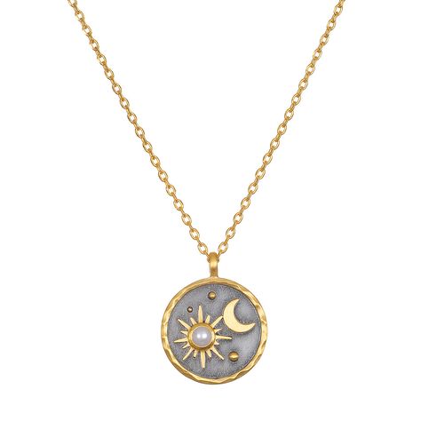 A celestial night sky shines in 18kt gold plate against a gunmetal background, creating a meaningful pendant necklace. A pearl accent, June's birthstone, symbolizes innocence, beauty and foresight. Set on a 16" chain, this birthstone necklace has an extender finished with a sparkling gold star for added length and deli Satya Jewelry, Sun And Moon Necklace, Space Cadet, Turquoise Accents, Celestial Jewelry, Gold Star, February Birth Stone, Moon Necklace, June Birth Stone