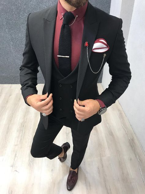 Groomsmen Outfit, Formal Suits Men, Terno Slim, Black Suit Men, Slim Fit Suit Men, Costume Noir, Mode Costume, Dress Suits For Men, Claret Red