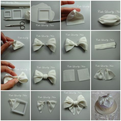 Bow tutorial for a cupcake - by Nivia @ CakesDecor.com - cake decorating website Fondant Bow Tutorial, Kue Disney, Fondant Bows, Fondant Techniques, Fondant Bow, Torte Cupcake, Fondant Tutorial, Modeling Chocolate, Fondant Decorations