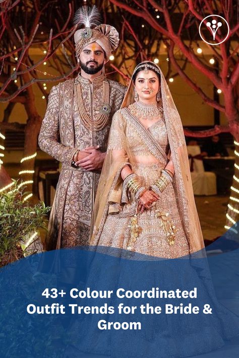 Indian Bride Groom Outfits, Bride And Groom Dress Combination Indian, Bride And Groom Indian Wedding Outfit, Colour Coordinated Outfits, Lehenga Royal, Groom Indian Wedding Outfits, Engagement Dress For Groom, Groom Colours, Golden Lehenga