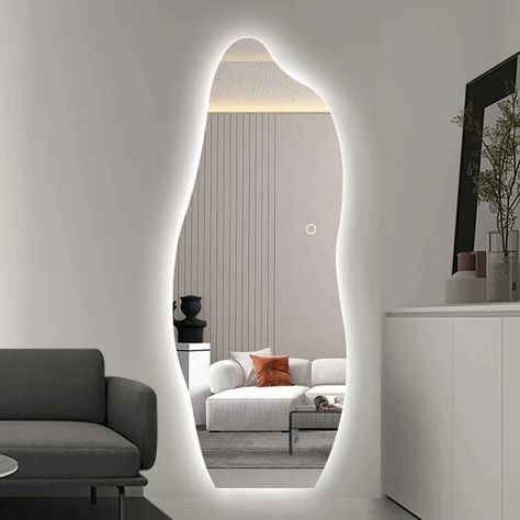 Smart Hanging Wall Mirror Makeup Irregular Design Adhesive Vanity Light Led Full Length Mirror Mirror For The Bathroom, Mirror Shapes Design Bedroom, Mirror Wall Decor With Lights, Irregular Mirror With Led, Different Mirror Shapes, Unique Mirror Design, Mirror Shapes Design, Mirror In Bedroom Ideas, Mirror Design For Bedroom