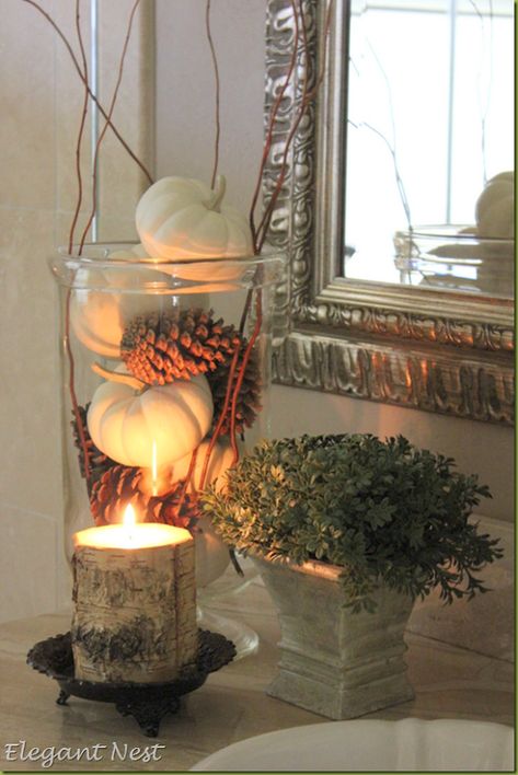 White Pumpkins & Pine cones With A Wood Candle Fall Bathroom Decor, Fall Bathroom, Vibeke Design, Fall Thanksgiving Decor, Fall Deco, Cute Candles, Autumn Decorating, Fall Halloween Decor, Fall Table