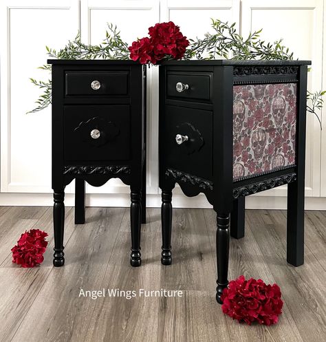 Matching pair of vintage bedside table nightstands with a sophisticated gothic chic satin black finish paired with skull rose decoupage art on each side.  Featuring significant storage potential with each table having two spacious dove-tail constructed drawers. New glass knobs complement the rich black finish.  Each table measures 30" tall, 14" across and 19" deep Free shipping to continental US residents excluding Hawaii and Alaska.  ⚠️Important Shipping Note: For our larger pieces, we utilize third-party independent blanket wrap or white glove shippers for furniture delivery. Etsy's system defaults to the most common forms of shipping (FedEx, UPS, USPS) which is not always accurate. We will be in direct communication with you and provide you with your shipper's name, company name, contac Art Tables, Vintage Nightstands, King Chair, Goth Chic, Black Leather Chair, Gothic Chic, Vintage Nightstand, Beautiful Dresser, Throne Chair