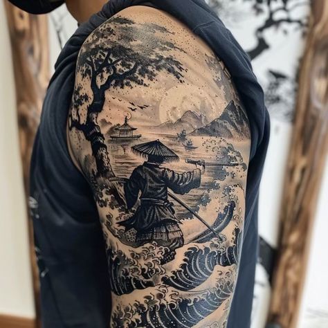 Asian Inspired Tattoo Sleeve, Japanese Tattoos Arm Sleeve, Asian Theme Tattoo, Mens Japanese Tattoos, Japanese Tattoo Men, Japanese Landscape Tattoo, Japan Tattoo Ideas, Asian Tattoo Ideas, Chinese Sleeve Tattoos