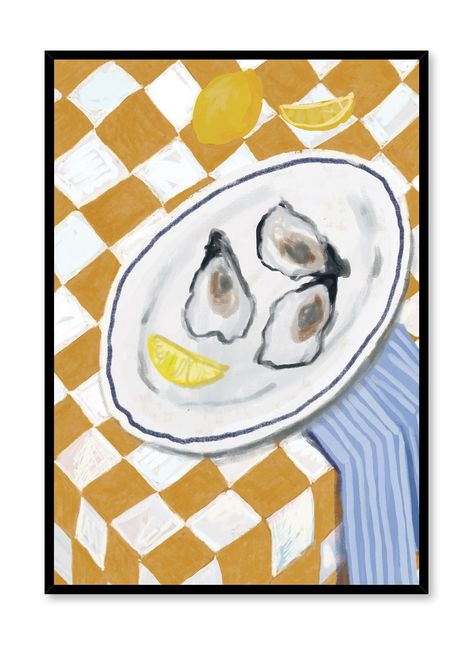 Prints For The Kitchen, Aesthetic Oyster, Oyster Poster, Kitchen Paintings Art Wall Decor, Oysters Painting, Oyster Illustration, Checkered Painting, Kitchen Painting Art, Oyster Painting