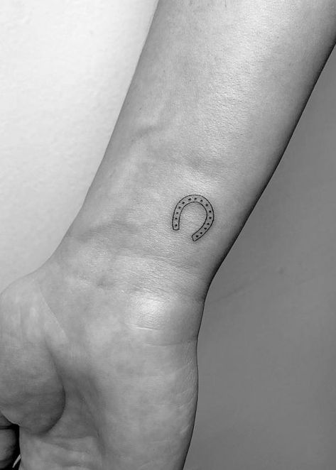 Horseshoe Tattoo Behind Ear, Small Horseshoe Tattoos For Women, Simple Horse Shoe Tattoo, Tiny Western Tattoos For Women, Western Tattoos Simple, Tattoos For Women Western, Bull Riding Tattoos, Small Bull Tattoos, Western Tattoos Small