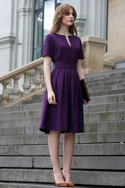 Royal Purple Outfit, Purple Fall Dress, One Piece Dress Knee Length, Artistic Poses, Royal Purple Dress, Knee Length Dresses Formal, Formal Clothing, Purple Cocktail Dress, Gaun Fashion