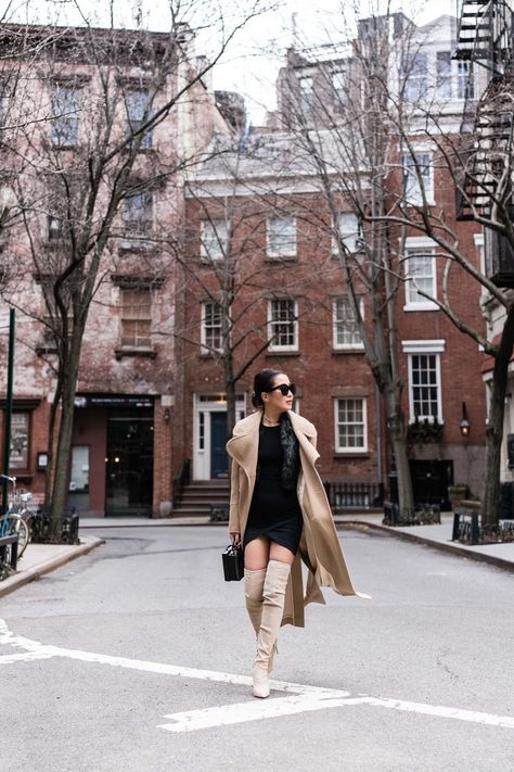 Restyling Classics. Neutral tones in a camel coat and over the knee boots, paired with a little black dress! Cream Boots Outfit, Beige Boots Outfit, Camel Coat Outfit Casual, Asos Black Dress, Long Beige Coat, Camel Coat Outfit, Black Dress Coat, Nude Boots, Wendy's Lookbook