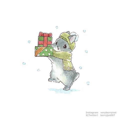 Kawaii Winter Illustration, Cute Christmas Animal Drawings, Cute Winter Animals Illustration, Cute Winter Animals Drawing, Bunny Christmas Drawing, Winter Animal Drawings, Christmas Bunny Drawing, Christmas Animals Illustration, Rabbits Drawing