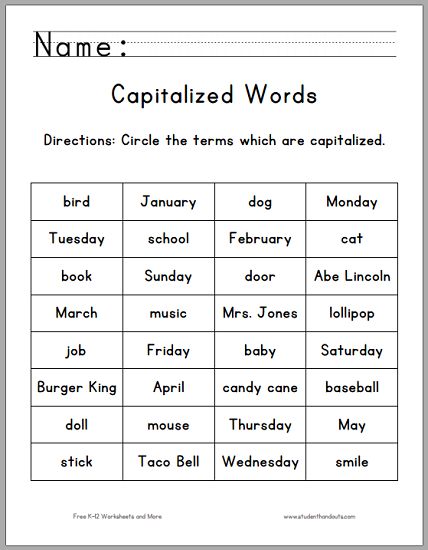 Circle the Capitalized Terms Worksheet - For first grade. Free to print (PDF file). 2nd Grade Worksheets Free Printables Writing, Capitalization Worksheets 2nd Grade, Capitalization Worksheets 1st Grade, Capitalization Worksheets, Prek Worksheets, Capital Letters Worksheet, Creative Writing For Kids, Adjectives Activities, First Grade Curriculum