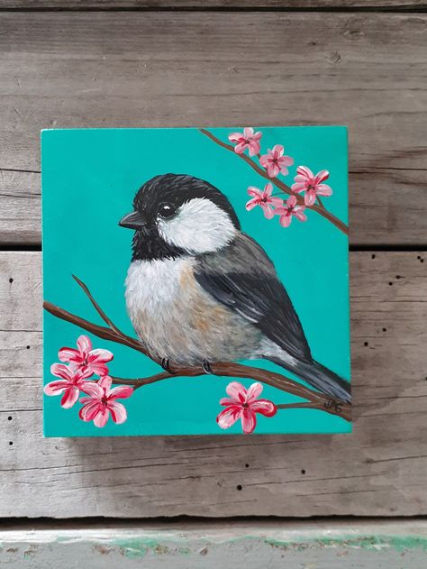 Bird Easy Painting, Easy Bird Canvas Painting, Chickadee Painting Acrylics, Birds To Paint In Acrylic, Paintings Of Birds Acrylic, Acrylic Bird Painting Easy, Mini Animal Paintings, Acrylic Bird Paintings On Canvas, Painting Birds Acrylic