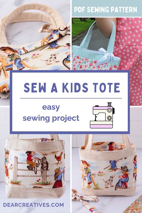 Sew A Kid's Tote Bag - Easy sewing pattern to sew a tote bag for kids. Use fabric scraps or purchased fabric to customize your little tote bag. Make this for a handmade gift, make Easter bags... Toddlers, pre-schoolers, and little kids will love carrying their favorite things in a fabric tote bag you made for them! Find this and more sewing projects and DIYs at DearCreatives.com  Images of a fabric tote bag using cute cowboy and cowgirl fabric and a tote bag using floral fabrics and ribbons... Kids Tote Bag Pattern Free, Kids Tote Bags Diy, Kids Bags To Sew, Tote Patterns Free, Quilted Tote Bags Patterns, Sew A Tote Bag, Toddler Tote Bag, Kids Sewing Pattern, Upcycle Kids