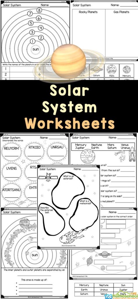 Children love learning about space with these free printable Solar System Worksheets! These planets worksheet help children learn about the solar system, the planets, asteroids and more. These solar system printables are perfect for teaching kindergarten, first grade, 2nd grade, 3rd grade, 4th grade, and 5th graders about space for kids.  SImply print solar system worksheets pdf and you are ready to play and learn about astronomy for kids. 123 Homeschool 4 Me Free Printable, Grade 5 Worksheets Free Printables, 123homeschool4me Free Printable, Planet Worksheets For Kids Solar System, Planets Worksheets For Kids, Mercury Craft, Solar System Flip Book, Solar System Worksheets For Kids, Planets Project