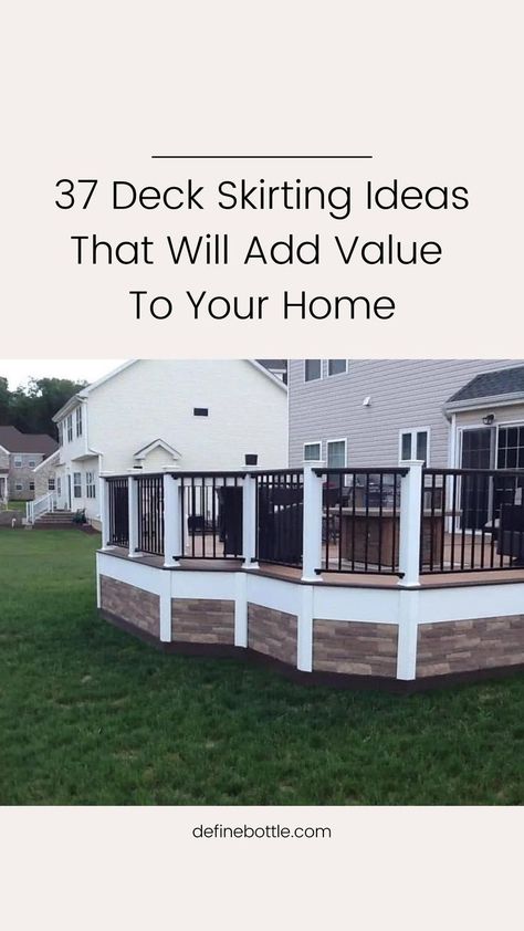 Under Pinning Ideas House, Under Pinning For Deck, High Front Porch Ideas, Skirting For Decks, Ideas For Under Deck Space, Tall Deck Skirting Ideas, Deck Trim Ideas, Deck Skirting Ideas Cheap, House Skirting Ideas