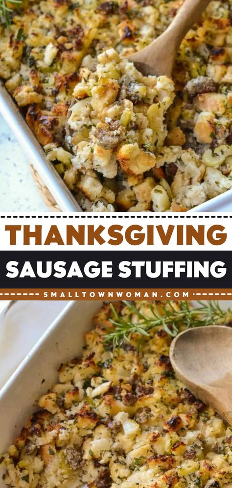 Don't miss out on this Thanksgiving sausage stuffing recipe! It's always a must-have Thanksgiving dinner idea. Combined with onions, celery, apples, pork sausage, and more, this homemade stuffing is a Thanksgiving side dish to impress! Stuffing Recipes With Sausage And Apples, Best Thanksgiving Stuffing With Sausage, Thanks Giving Stuffing Recipe, Stuffing With Pork Sausage, Homemade Sausage Stuffing Recipe, Apple Sausage Stuffing Recipes, Apple And Sausage Stuffing, Baked Stuffing Recipes Thanksgiving, Christmas Dinner Healthy