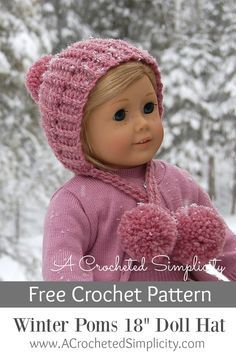 Crochet Doll Hat, Cute Winter Hat, Crochet Doll Clothes Free Pattern, Crochet Doll Clothes Patterns, American Girl Crochet, Stuffed Dolls, American Girl Doll Patterns, American Girl Doll Clothes Patterns, American Doll Clothes