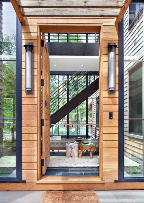 A treehouse-inspired lakeside retreat in Westchester Country Workshop Apd, Modern Lake House, Front Entry Doors, Modern Landscaping, Modern Exterior, Indoor Outdoor Living, Modern Rustic, Interior Architecture Design, Tree House