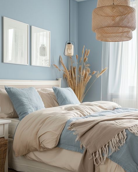 Light Blue Cream Bedroom, Small Calm Bedroom, Small Pastel Bedroom, Light Blue Beige Bedroom, Cream And Light Blue Bedroom, Guest Room Color Ideas, Light Blue And Beige Bedroom, Neutral Bedroom With Blue Accents, Light Blue Wall Bedroom Ideas