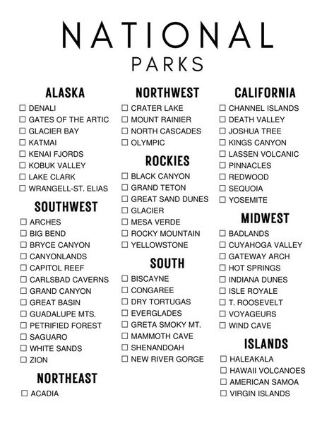 checklist to do all of the United States National Parks National Parks List, National Parks Checklist, National Park Checklist, List Of National Parks, Survival Skills Emergency Preparedness, Lassen Volcanic, Summer To Do List, Dry Tortugas, Carlsbad Caverns