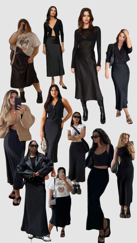 black satin skirt outfit inspired #blacksatinskirt #black #wishlist #outfit #outfitaesthetic #fitcheck #outfitinspo Black Maxi Satin Skirt Outfit, Black Satin Maxi Skirt Outfit, Maxi Satin Skirt Outfit, Black Wishlist, Black Skater Skirt Outfit, Satin Maxi Skirt Outfit, Black Silk Skirt Outfit, Black Satin Skirt Outfit, Silk Skirt Outfit