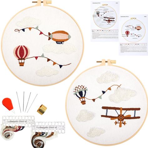 PRICES MAY VARY. Hand Embroidery Kits for Beginners: You will get 2pcs embroidery fabric with white cloud and hot air balloon pattern, 2pcs 8 inch embroidery hoops, 4pcs embroidery needles, enough color embroidery threads, needle threader, adjustable thimble, instructions. You can get a pretty craft decor while learning the stitch techniques by finish this adults embroidery starter kits. Easy Operation Embroidery Kits: The embroidery frame has an adjustment screw, which can be tightened if neces Baby Boy Embroidery Ideas, Embroidery For Baby Boy, Boy Embroidery Ideas, Hot Air Balloon Pattern, Diy Embroidery Crafts, Nursery Embroidery, Scandinavian Embroidery, Stitch Techniques, Balloon Pattern