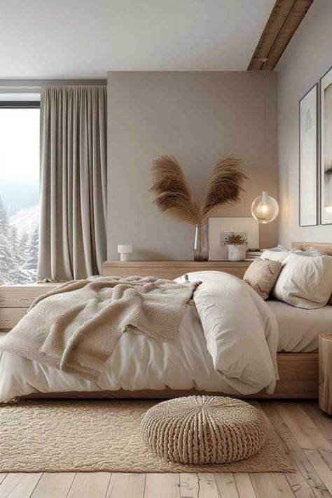 Beige Wall Room Aesthetic, Room Ideas Brown Furniture Bedroom, White Brown Bedroom Ideas, Gray Bedroom With Pop Of Color, Earth Tone Apartment Aesthetic, Oatmeal Bedroom Ideas, White And Brown Bedroom Aesthetic, Beige Wood Bedroom, Brown And White Room