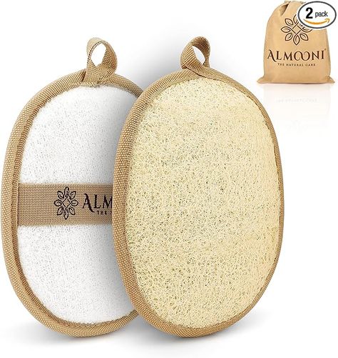 Revitalize your skin with ALMOONI natural loofah pads. These lightly textured sponges exfoliate dead cells for a radiant glow. The soft terry cloth reverse removes oils and debris. Easy-to-use with hand straps and anti-fray hanging loops for quick drying. Flexible design fits all hands, ideal for men and women. Perfectly gift-packaged, great for weddings or housewarming gifts. #bathtub #relax #Scrub #Shower Exfoliating Pads, Natural Loofah, Loofah Sponge, Body Scrubber, Flaky Skin, Natural Care, Dead Skin, Shower Bath, Face And Body