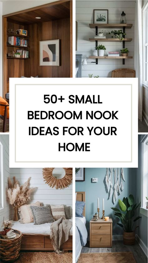 Are you looking to spice up a nook in your small bedroom? We know all about small bedrooms! We’ve lived in several apartments so our bedroom was never the big space you see in magazines! Check out these 50+ Small Bedroom Nook Ideas For your Home. Corner Bed Nightstand Ideas, Comfy Nook Bedrooms, Bedroom Nooks Cozy, Bedroom With Kitchen Small Spaces, Small Bedroom Seating Area, Small Nook Decorating Ideas, Beds In Nooks, Bed Nook Diy, What To Put In Corner Of Bedroom