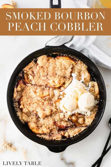 Unfussy summer dessert doesn't get any better than this easy bourbon peach cobbler made with fresh peaches. It gets cooked on the smoker for a hint of smoky flavor on top of the sweet, juicy, bourbon-spiked filling and crisp brown sugar crust. No smoker? You can bake it in the oven, too! Bourbon Peach Cobbler, Easy Smoker Recipes, Traeger Cooking, Pellet Smoker Recipes, On The Smoker, Grilled Desserts, Smoker Cooking, Pellet Grill Recipes, Traeger Recipes