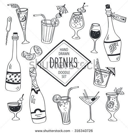 Drinks doodle set. Hand drawn cocktails icons isolated on white background. Doodle beverages collection. Bottles, glass, cocktails. Water, wine and juice. Drinks Doodle, Drawn Cocktails, Sketch Note, Doodle Icon, Juice Drinks, Bullet Journal Doodles, Journal Doodles, Doodle Drawings, Cute Doodles