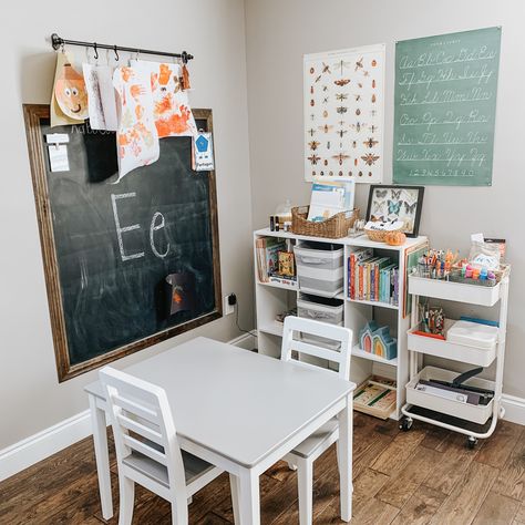 Bedroom Homeschool Room, Corner Homeschool Area, Homeschool Kindergarten Room Ideas, Dining Room And Homeschool Room, Homeschool Room With Table, Play And Learn Room, Mobile Homeschool Station, Homeschool Room Ideas At Home Preschool, Homeschool Area In Dining Room