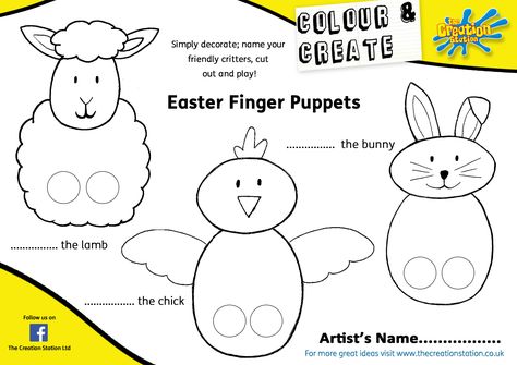 Easter (bunny, lamb, chick) finger puppets Sheep Puppet, Colouring Templates, Bunny Puppet, Puppet Craft, Finger Puppet Patterns, Felt Puppets, Puppets Diy, Felt Finger Puppets, Puppet Patterns