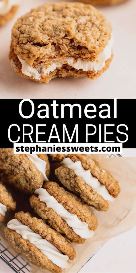 These oatmeal cream pies are just like the Little Debbie's versions but BETTER. They are soft oatmeal cookies loaded with cinnamon and pumpkin pie spice. It is filled with a marshmallow fluff frosting. They are soft cookies that are super good. These would be a perfect alternative for kids' lunches! Fluff Frosting, Cake Me Home Tonight, Oatmeal Cinnamon, Soft Oatmeal Cookies, Oatmeal Pie, Oatmeal Creme Pie, Prep Food, Oatmeal Cream Pies, Vanilla Filling