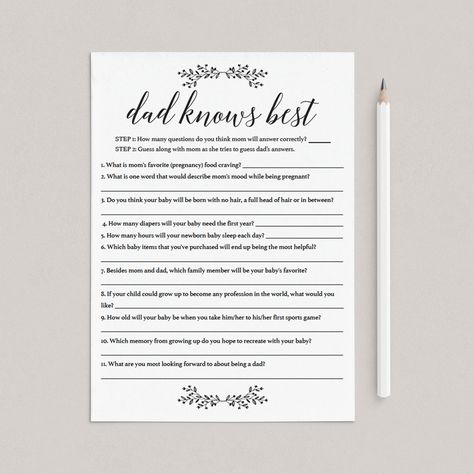 Are you hosting a couples baby shower? Play this funny game to bring the dad-to-be into the mix. It will be entertaining for all of your guests!Before the baby shower, contact the dad-to-be and ask him questions about the pregnancy, birth, and baby listed on this minimalist black and white game. The questions can be personalized. Write down the answers, or, to make it even more fun, consider a short video of the answer.At the baby shower, give everyone a pen and a game card and let them guess ho Co Ed Baby Shower Ideas Games, What Did Dad Say Baby Shower Game, Sentimental Baby Shower Activities, Mom Or Dad Baby Shower Game, Baby Shower For Dads, Mommy Or Daddy Baby Shower Game, Dad Baby Shower Ideas, Dad Baby Shower Games, Baby Shower Question Game