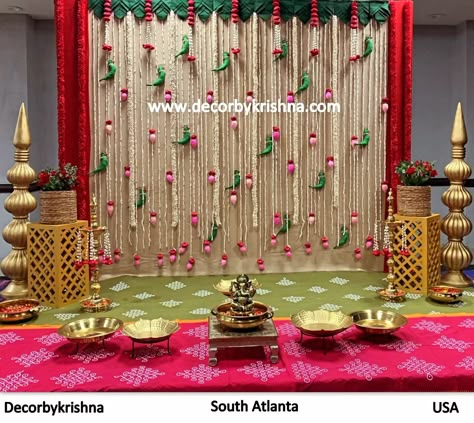 Honoring tradition and nature at our Seemantham with eco-friendly decor. Seemantham Function Decor by Madhavi @prakriti_decors of #southatlanta branch #usa #seemantham #seemanthamfunction #babyashower #babyshowerdecorations #atlantadecorator #decorbykrishnasouthatlanta @decorbykrishna is a unit of @pellipoolajada Traditional Decorations using only Natural materials #noplastic #nofloralfoam #nothermocoal #nostyrofoam #ecofriendlywedding #pellikooturu #pellikoduku #mangalasnanam #gruhapr... Mangalasnanam Decorations, Traditional Seemantham Decoration, Seemantham Decoration At Home, Seemantha Decoration, Baby Shower Stage Decorations, Seemantham Backdrop, Panchalu Function, Traditional Backdrop Decoration, Chair Flower Decoration