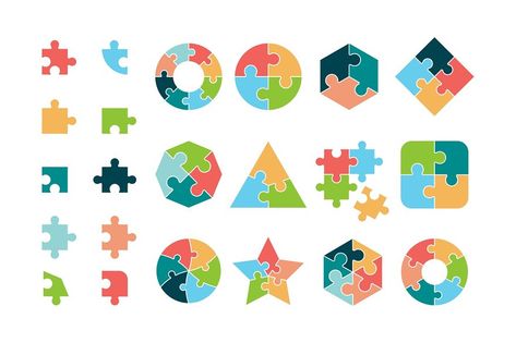 Puzzle collection. Business different jigsaw round and square geometrical forms tags puzzle pieces vectors. Piece jigsaw icon, round and square shape illustration Grid Puzzles, Shape Illustration, Puzzle Graphic, Puzzle Logo, Puzzle Collection, House Logo Design, Documents Design, Stick Art, Wedding Logos