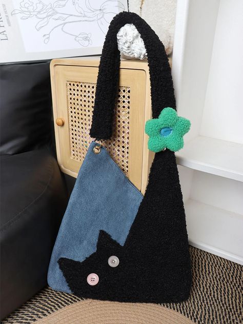 Denim Plush Cat Flower Shoulder Bag | Bag | Three Fleas Bag Shapes Design, Handmade Purses And Handbags Diy Bags, Cute Bags To Sew, Cat Sewing Projects, Bag Ideas Design, Unique Bags Diy, Things To Sew And Sell, Cat Patchwork, Cute Cat Accessories