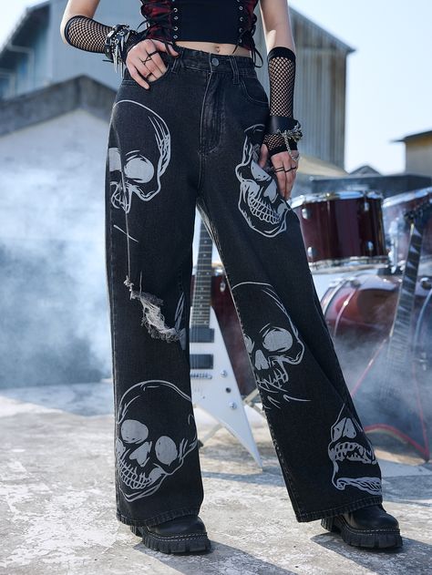 Aesthetic Clothes Jeans, Skull Jeans, Ripped Wide Leg Jeans, Jeans With Chains, Punk Jeans, Punk Style Outfits, Vestiti Edgy, Punk Skull, Fashion Corner