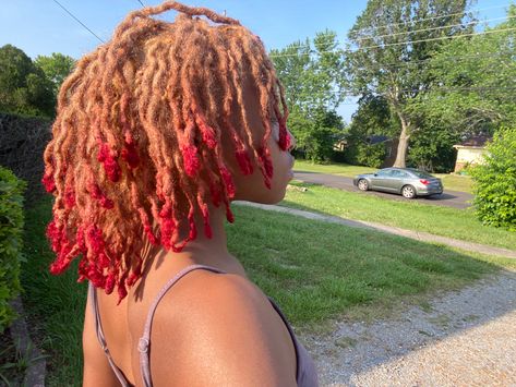 Locs With Pink Tips, Red And Blonde Hair Color Locs, Dyed Dreadlocks Women, Pink And Blonde Locs Black Women, Locs Colors Ideas, Locs With Dyed Tips, Multi Color Locs, Blonde And Ginger Locs, Colors To Dye Your Locs