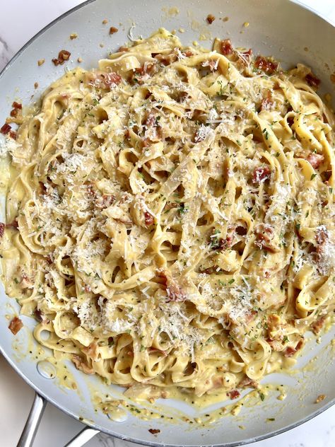 Easy Gluten-Free Pasta Carbonara — Violet Cooks Things Gluten Free Carbonara Pasta, Gluten Free Carbonara, Cabanara Pasta Recipe Bacon, Cabanara Pasta Recipe, Cabanara Pasta, Creamy Carbonara Pasta, Violet Cooks, Chicken And Bacon Carbonara, Ultimate Spaghetti