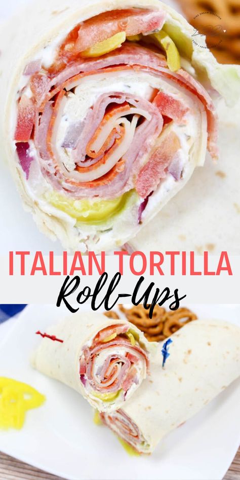 These Italian roll-ups aka tortilla roll-ups, ham pinwheels, or appetizer roll-ups, they are so easy to make and make a great lunch or appetizer. Use your favorite ham, salami, turkey, pepperoni and cheeses to make these your own.  #DineDreamDiscover #JustPlumCrazy #EasyEverydayRecipes #LifeInTheRV #LifeThroughTheLense  #FoodBlogger #Recipe #delicious #yummy #food #recipes #tasty #foodporn #foodie #cooking #yum #foodlover #chef #love #homemade #Delish Rollup Recipes Tortilla, Best Roll Up Sandwiches, Salami And Provolone Roll Ups, Italian Deli Roll Ups, Dinner Roll Ups, Italian Pinwheels Cream Cheeses, Wraps With Lunch Meat, Easy Wrap Sandwiches, Salami And Cheese Lunch Ideas