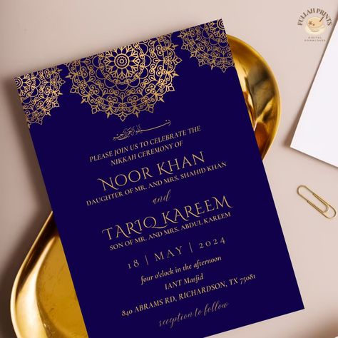 5x7 in. navy and gold islamic wedding invitation template, editable islamic invitation template, traditional islamic invitation card, digital template, editable template, shaadi invitation, shaadi evite, blue and gold shaadi invitation, traditional shaadi invitation, islamic wedding evite, baraat invite, indian wedding invite, pakistani wedding invite Islamic Invitation Card, Shaadi Invitation, Nikkah Invite, Islamic Invitation, Wedding Evite, Wedding Evites, Gold Mandala, White Wedding Invitations, Islamic Wedding