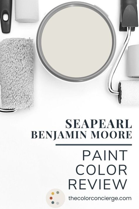 Learn all about BM Seapearl in this color review from The Color Concierge. Explore what makes this light greige paint color perfect for whole-house color palettes. Bm Color Palettes, Pacific Pearl Paint Color, Bm Oyster Shell, Bm Seapearl Exterior, Benjamin Moore Seapearl Exterior, Benjamin Moore Strand Of Pearls, Oyster Paint Color, Benjamin Moore Sea Pearl, Sea Pearl Benjamin Moore