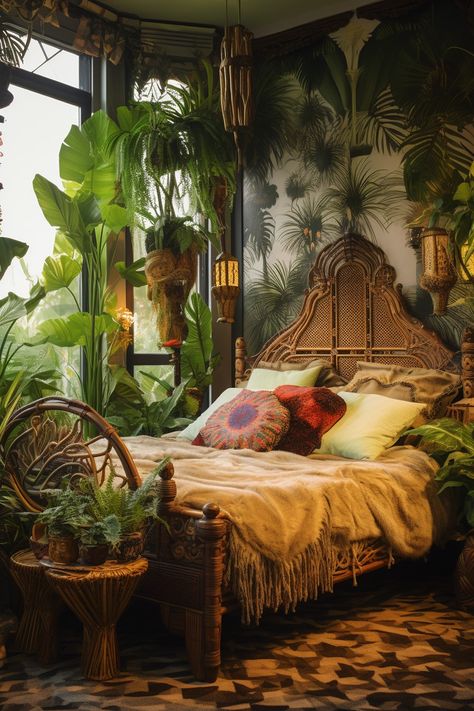 Maximalist Decor | Maximalist Decor Bedroom Maximalist Tiny Bedroom, Vintage Maximalism Bedroom, Moody Jungle Aesthetic, Victorian Jungle Room, Bohemian Jungle Aesthetic, Boho Jungle Bedroom, Moody Rainforest Bedroom, Plant Maximalist Aesthetic, Maximalist Decor Bedroom