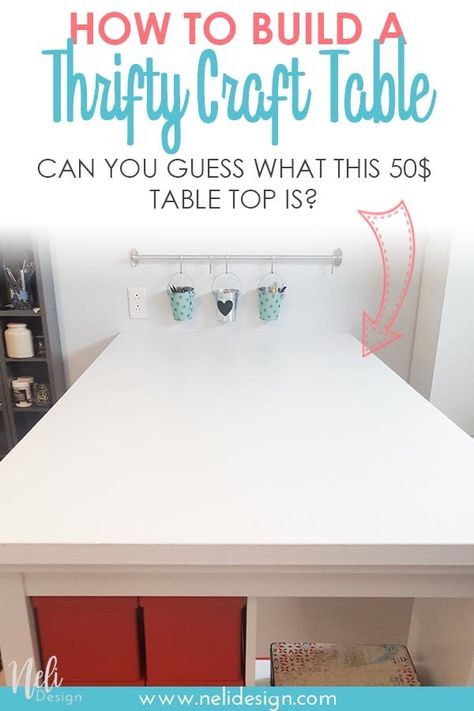 Find out how to build a custom standing large craft table on a budget with this IKEA hack. This thrifty table top is only 50$. This solution is cheap, affordable and easy to build. The best size for your craft room. #craft #build #crafttable #ikeahack Large Craft Table, Diy Craft Table, Diy Crafts Desk, Craft Room Desk, Craft Tables With Storage, Craft Room Tables, Ikea Craft Room, Ikea Crafts, Ikea Kallax Regal